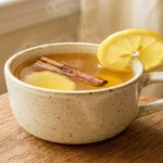 glucose reset ritual recipe in a ceramic mug with lemon wheel and cinnamon stick