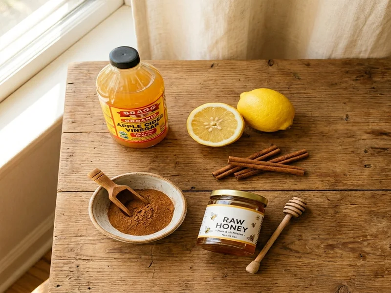 apple cider vinegar lemon and cinnamon flat lay for glucose reset ritual recipe ingredients
