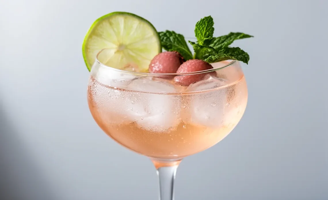 Lychee lime mojito spritz in a coupe glass with lime, lychee and mint garnish