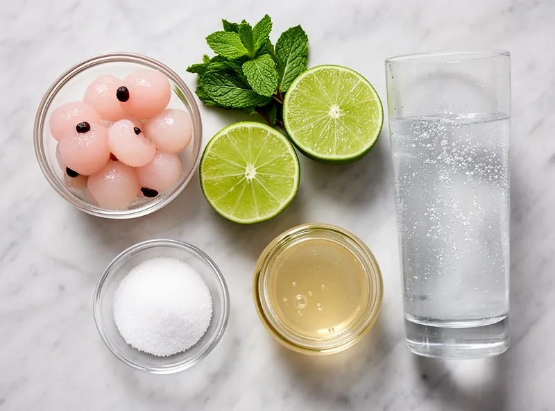Fresh lychees, lime, mint and simple syrup for a lychee lime mojito spritz