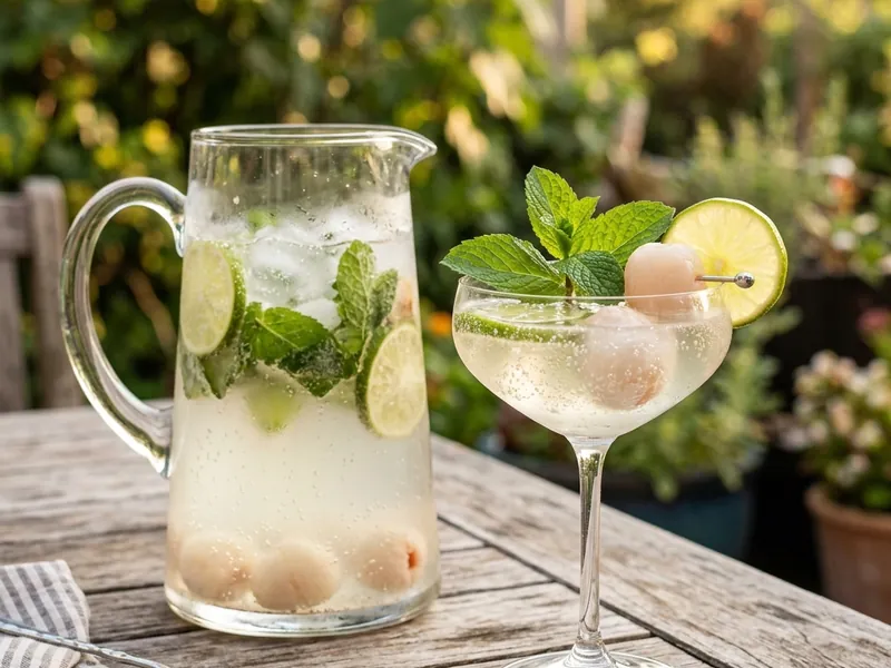 Pitcher and glass of lychee lime mojito spritz served outdoors