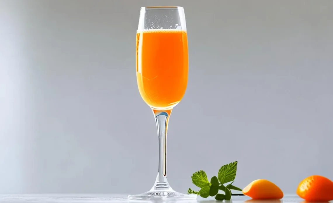 Mockmosa recipe in a champagne flute garnished with orange wheel and mint