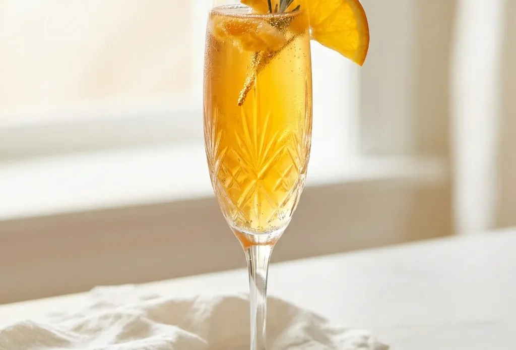Mockmosa recipe in a champagne flute garnished with orange wheel and mint