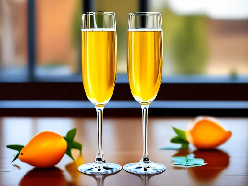 Two mockmosa glasses served at brunch with orange slices and mint