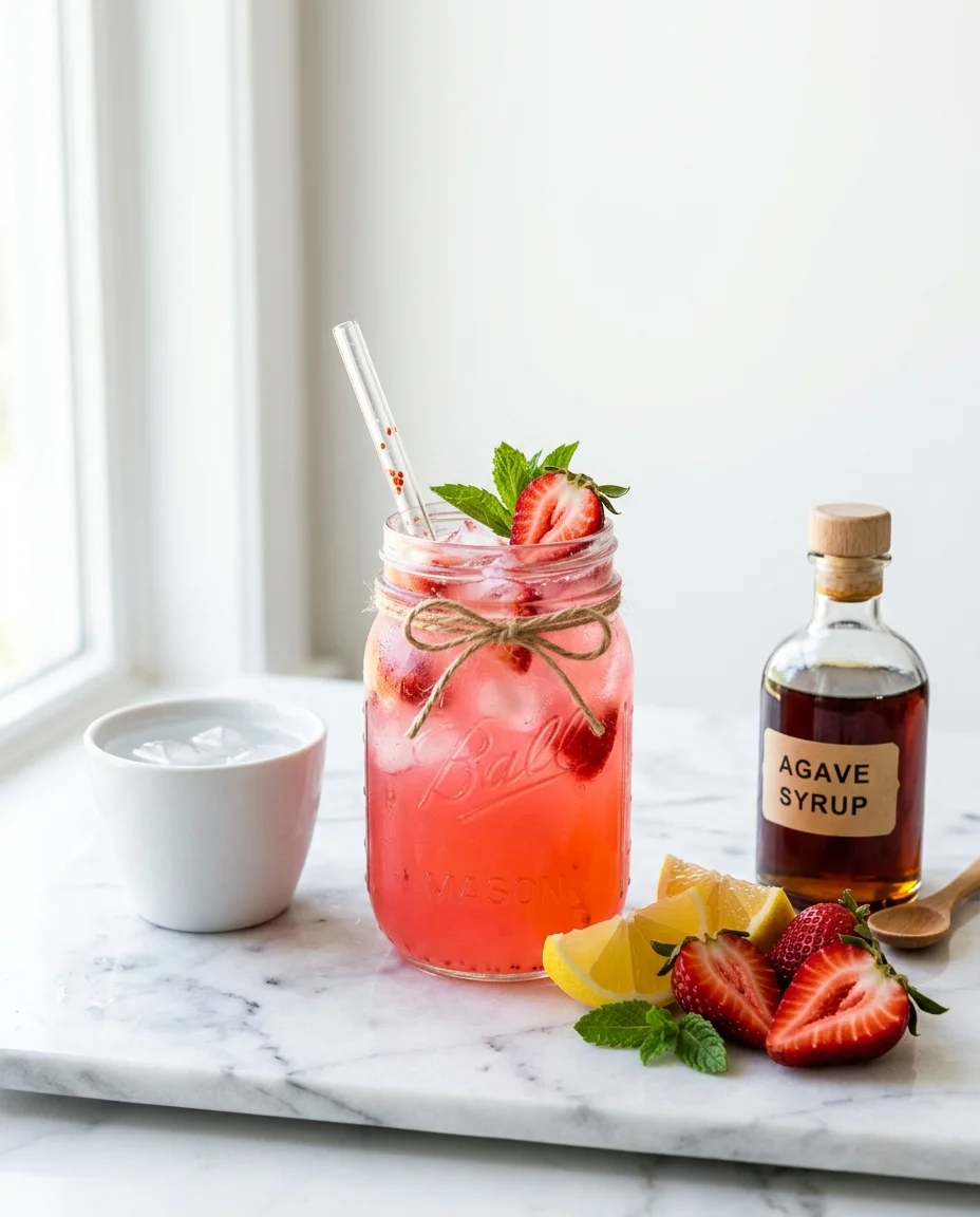 Fresh strawberries, lemon wedges, agave syrup, and water arranged on marble surface beside a mason jar of strawberry agua fresca