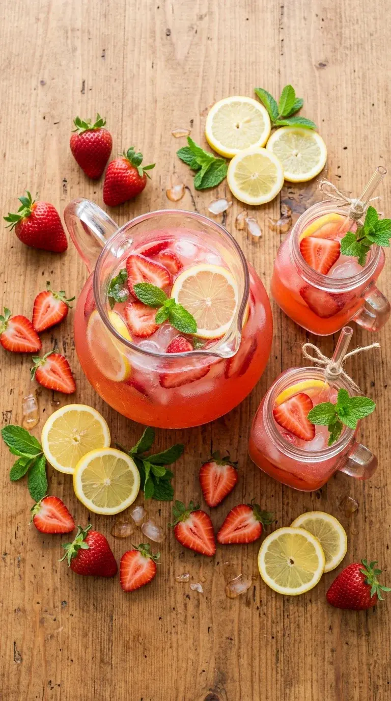 Overhead view of a glass pitcher of strawberry agua fresca with two mason jars, fresh strawberries and lemon slices on wood surface