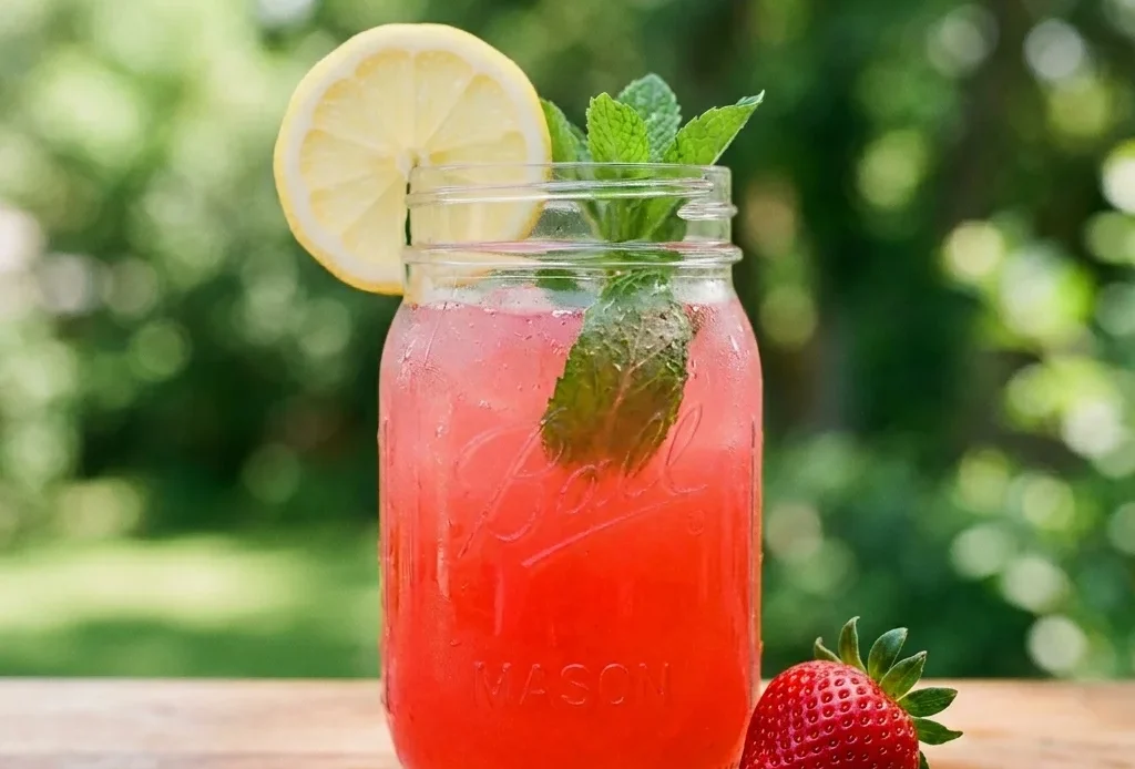 Strawberry agua fresca in a mason jar with lemon wheel, fresh strawberry, and mint sprig garnish on warm wood surface