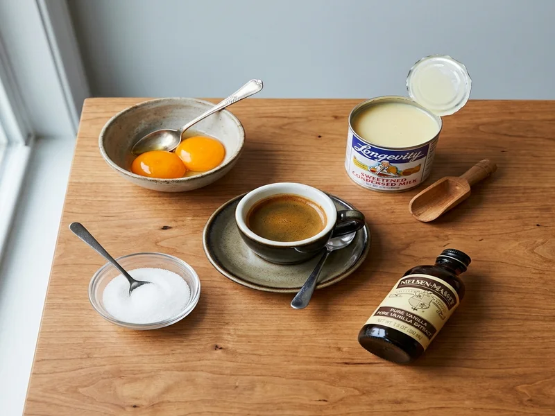 Egg coffee ingredients: egg yolks, sweetened condensed milk, espresso, and sugar on a wood surface