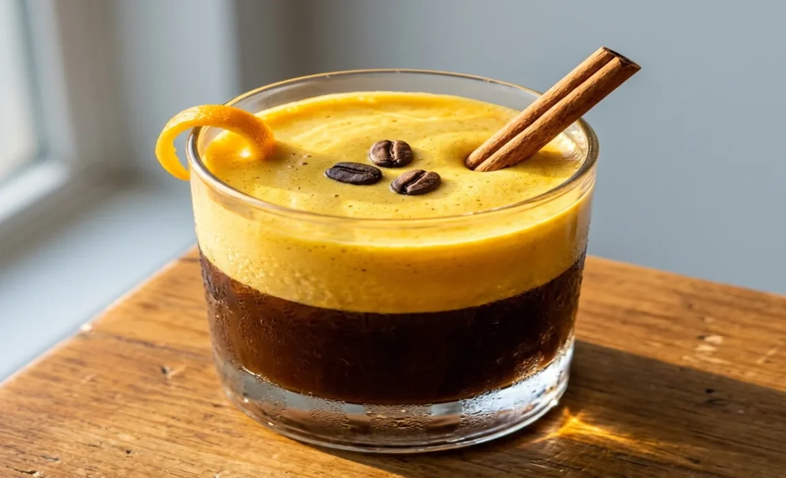 Viral egg coffee recipe with golden egg foam over iced coffee in a rocks glass