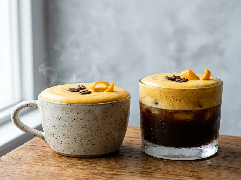 Hot and iced viral egg coffee side by side, golden foam visible on both cups