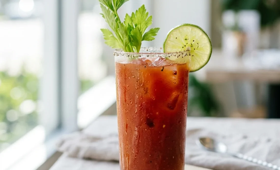 Virgin Mary healthy mocktail in a highball glass with celery and lime garnish