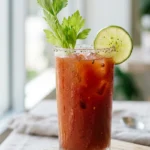 Virgin Mary healthy mocktail in a highball glass with celery and lime garnish
