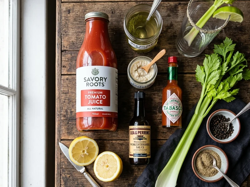 Ingredients for a healthy Virgin Mary mocktail including tomato juice and celery