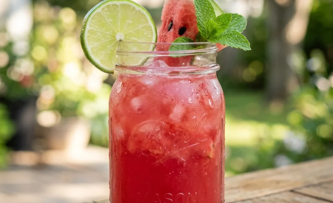 watermelon agua fresca recipe in a mason jar with lime wheel and fresh mint