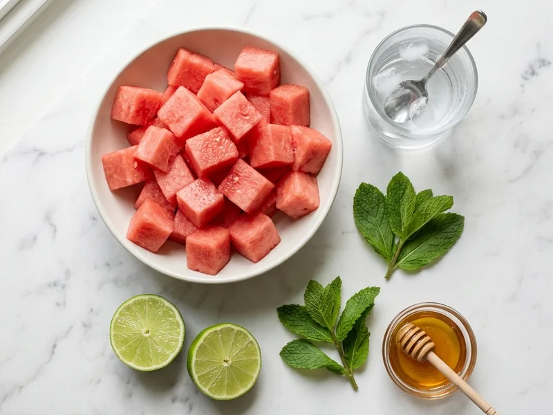 watermelon agua fresca recipe ingredients — cubed watermelon, fresh lime, mint, and honey on marble surface