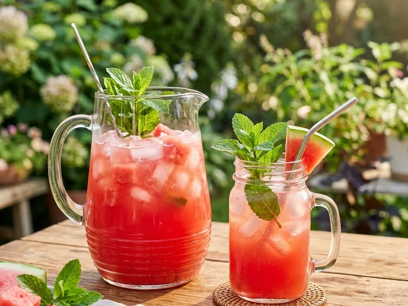 watermelon agua fresca served in a glass pitcher with ice and fresh mint on a summer table