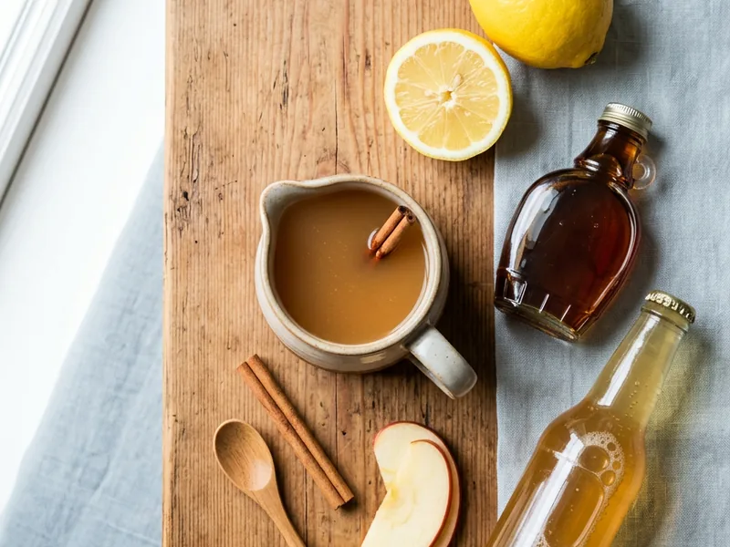 ingredients for apple cider mocktail recipe - apple cider, lemon, maple syrup, ginger beer