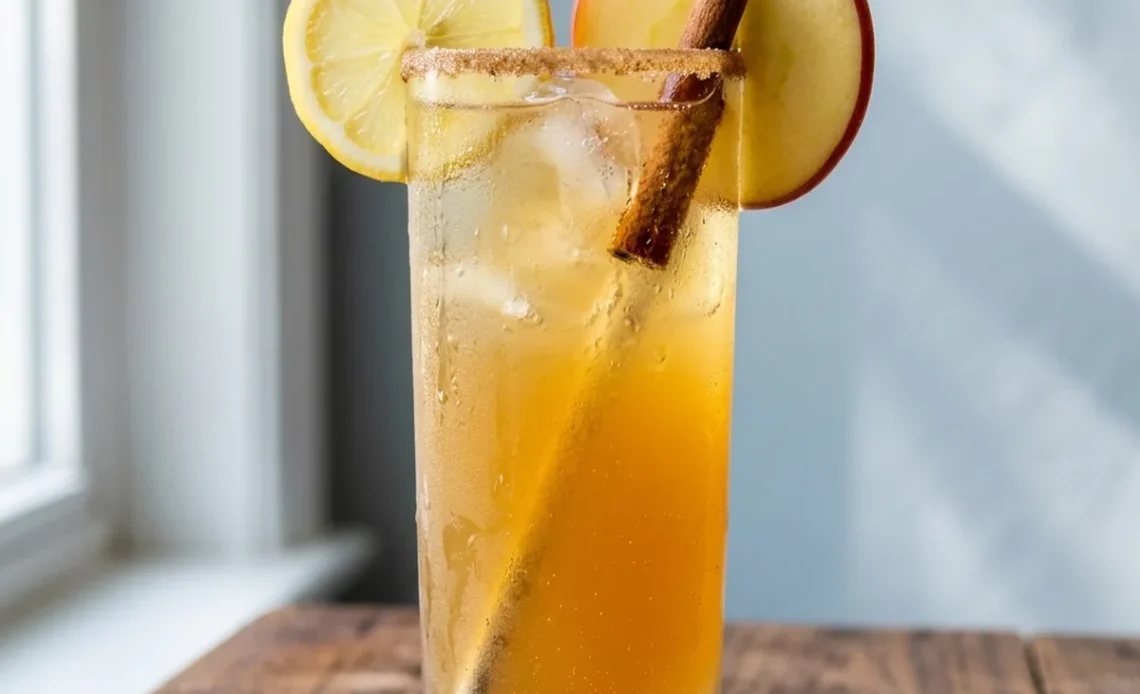 apple cider mocktail recipe in a collins glass with cinnamon sugar rim