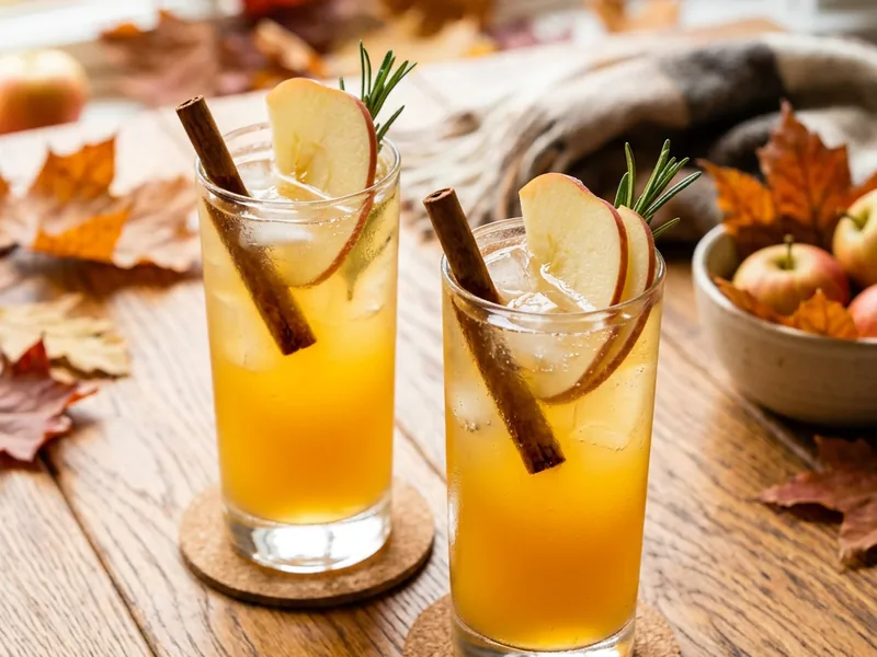 apple cider mocktail recipe served with cinnamon stick and apple slice