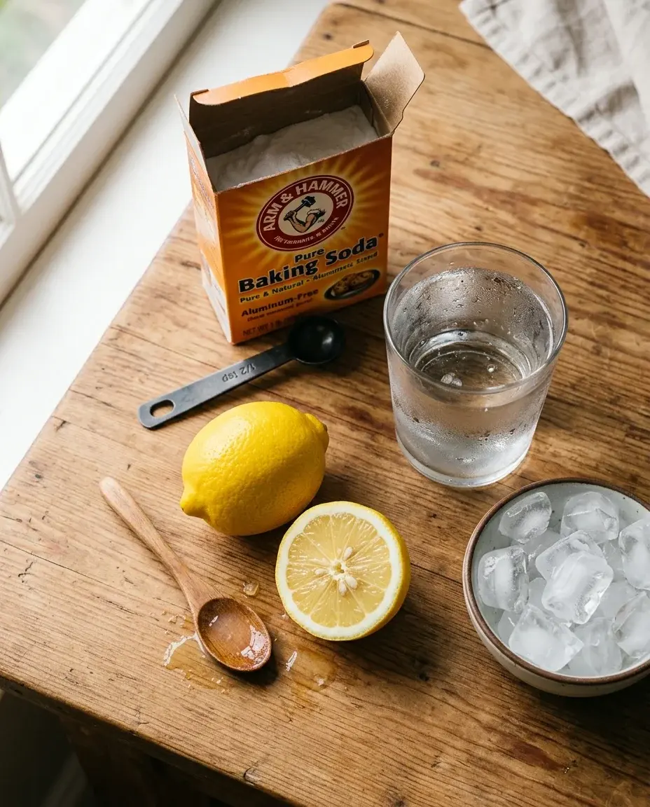 Baking soda, fresh lemon, filtered water, and ice for the baking soda lemon and ice recipe