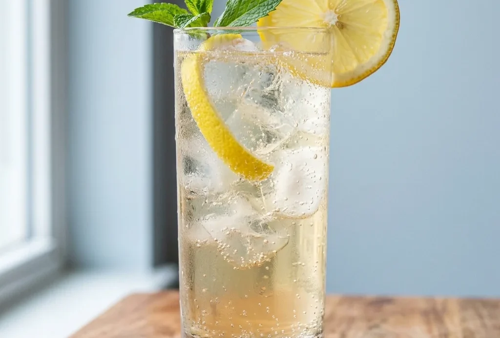 Baking soda lemon and ice recipe served in a tall glass with condensation