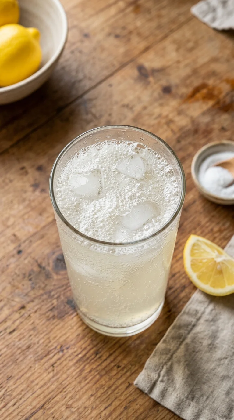 Fizzy baking soda lemon and ice recipe served in a tall glass with lemon slices