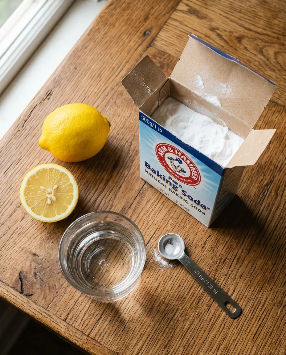 Baking soda, lemon, and water ingredients for the weight loss shot recipe