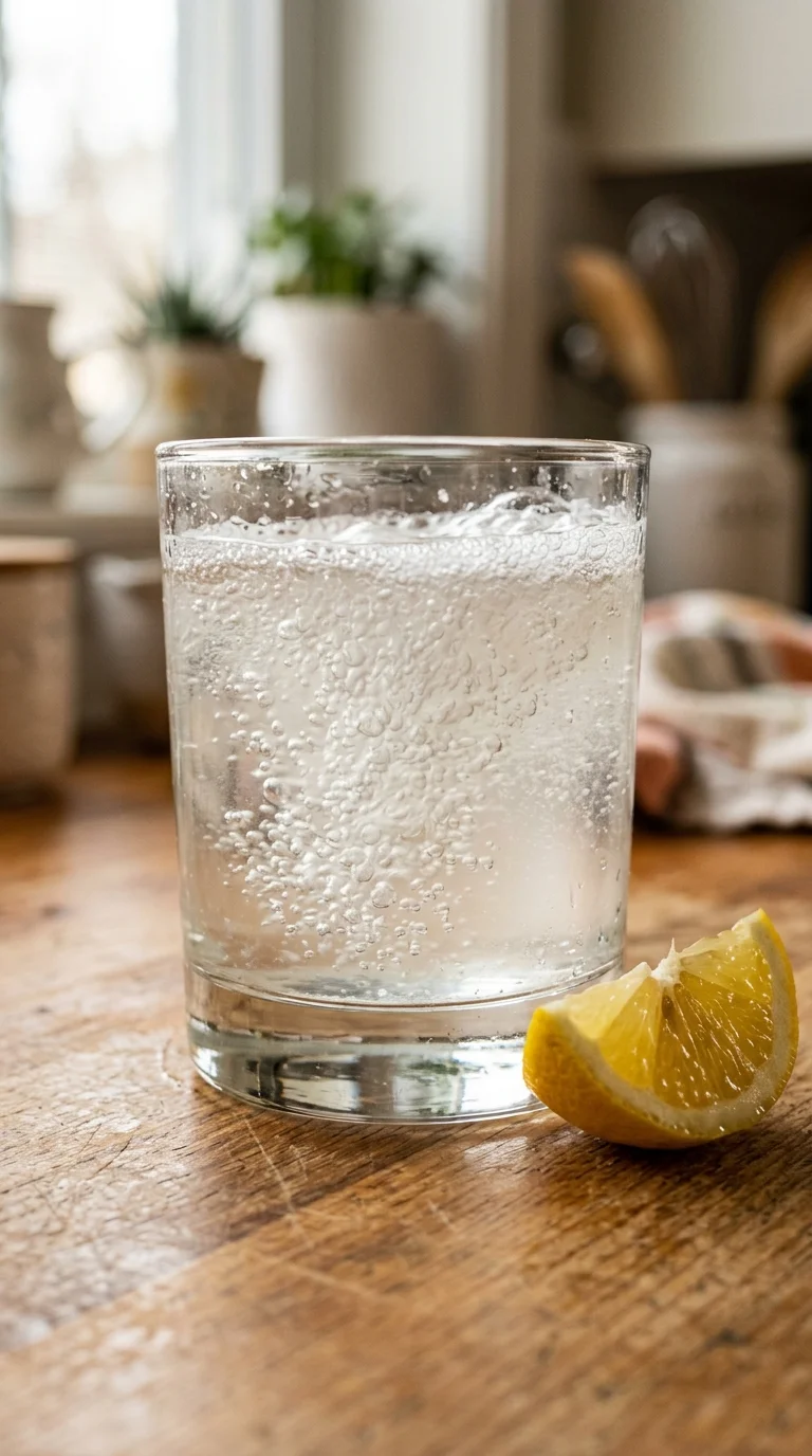 Baking soda water shot recipe fizzing before it settles, ready to drink