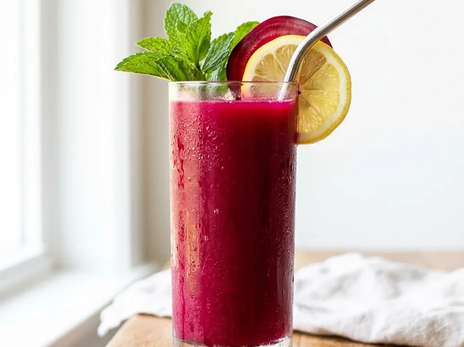 Beet juice recipe in a tall glass with lemon and mint garnish