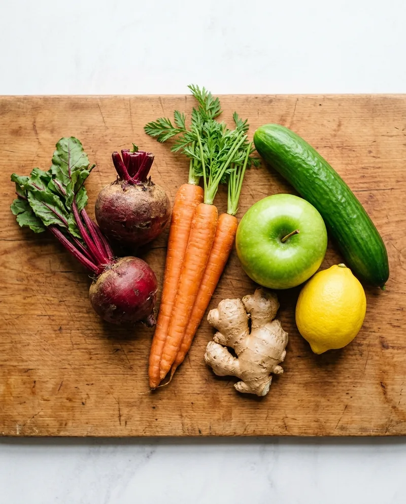 Fresh beets, apple, carrot, ginger, and lemon for homemade beet juice
