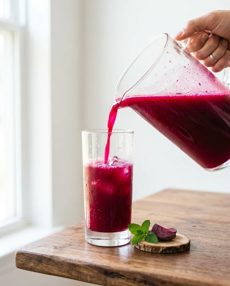 Beet juice poured from a pitcher into a glass, fresh and vivid