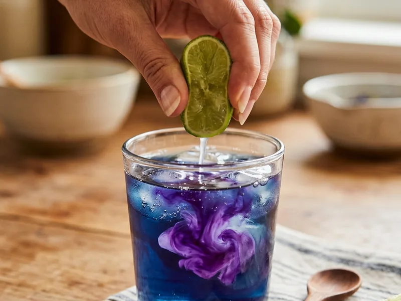 lime juice being squeezed into butterfly pea flower tea causing color change