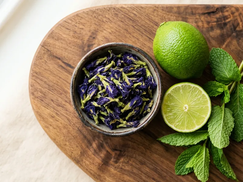 ingredients for butterfly pea flower tea recipe - dried butterfly pea flowers, lime, mint