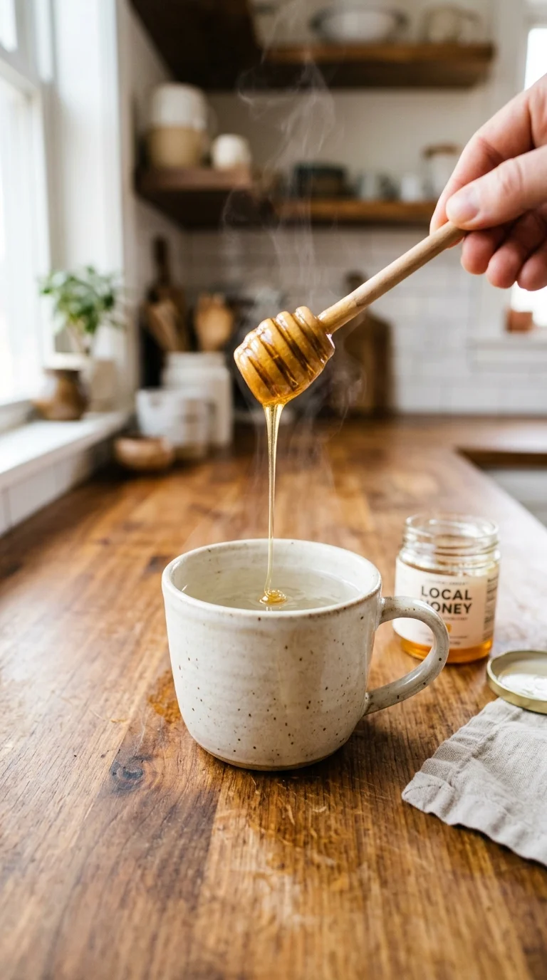 Honey being stirred into the dr oz baking soda recipe in a warm mug