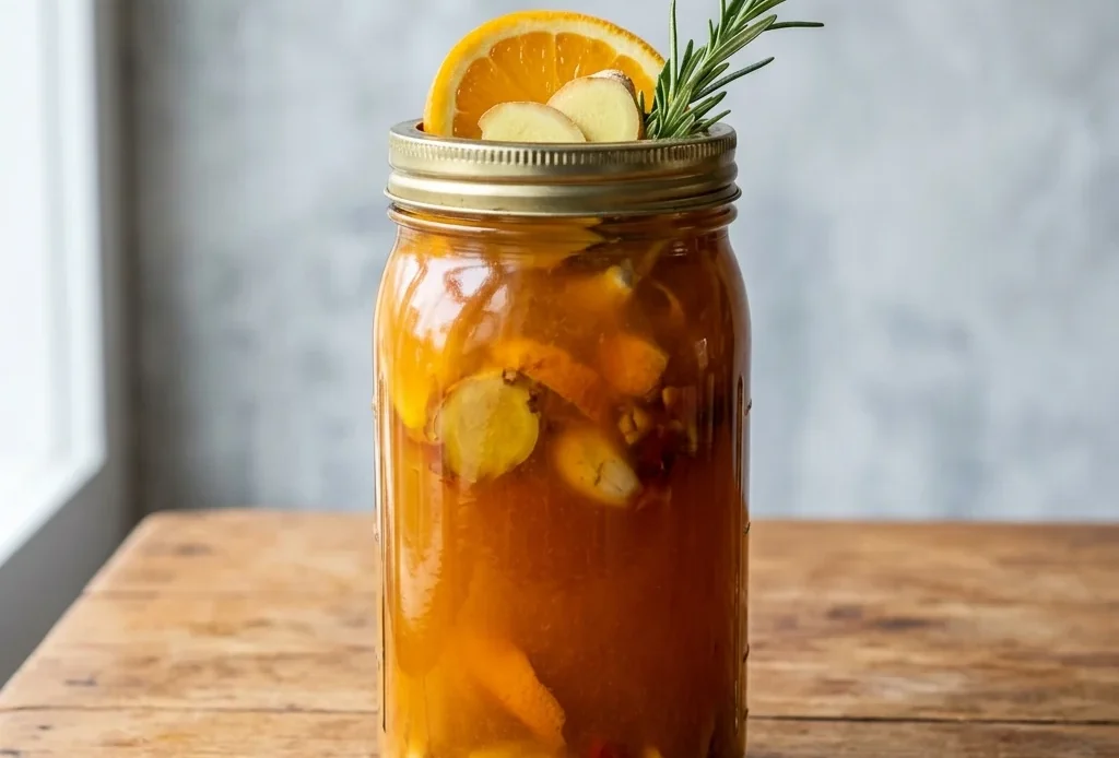 fire cider recipe in a mason jar with orange, ginger, and rosemary