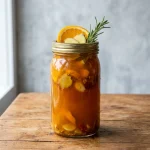 fire cider recipe in a mason jar with orange, ginger, and rosemary