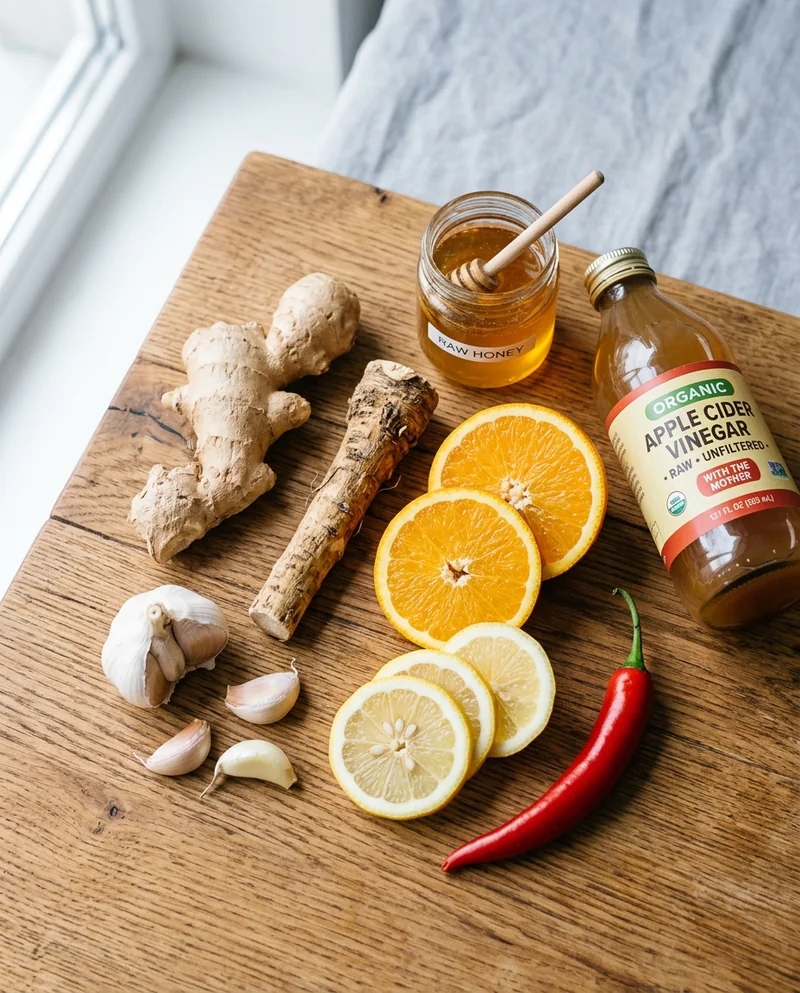 apple cider vinegar, ginger, garlic, and horseradish for fire cider recipe