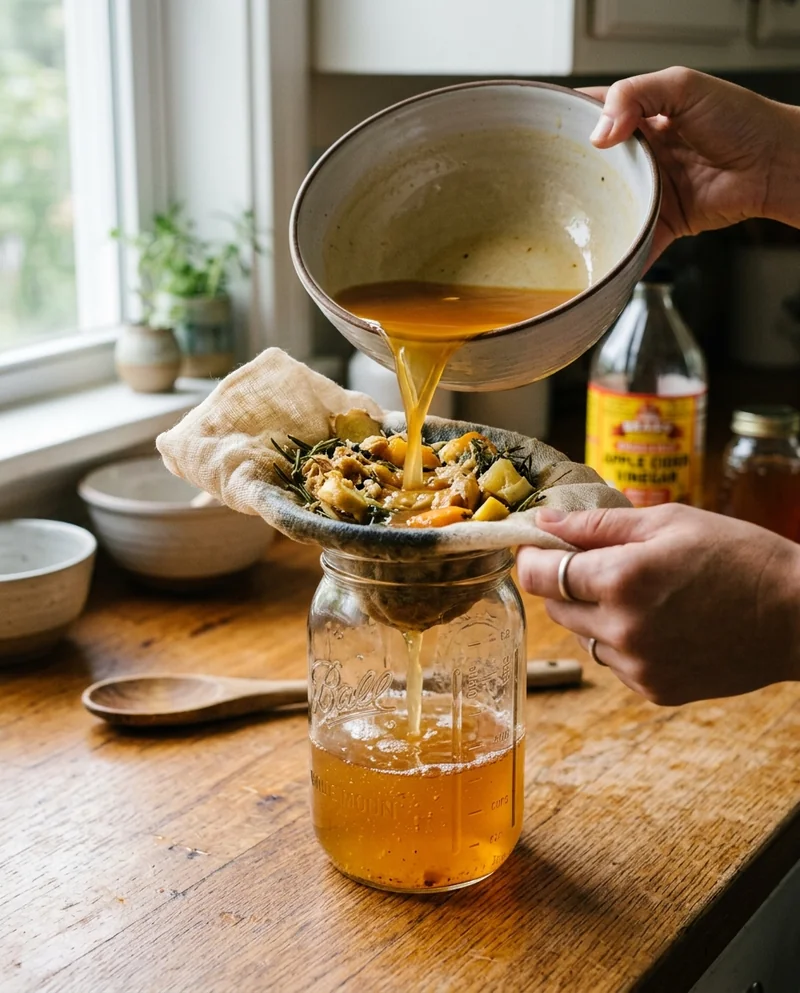 straining fire cider through cheesecloth into a mason jar