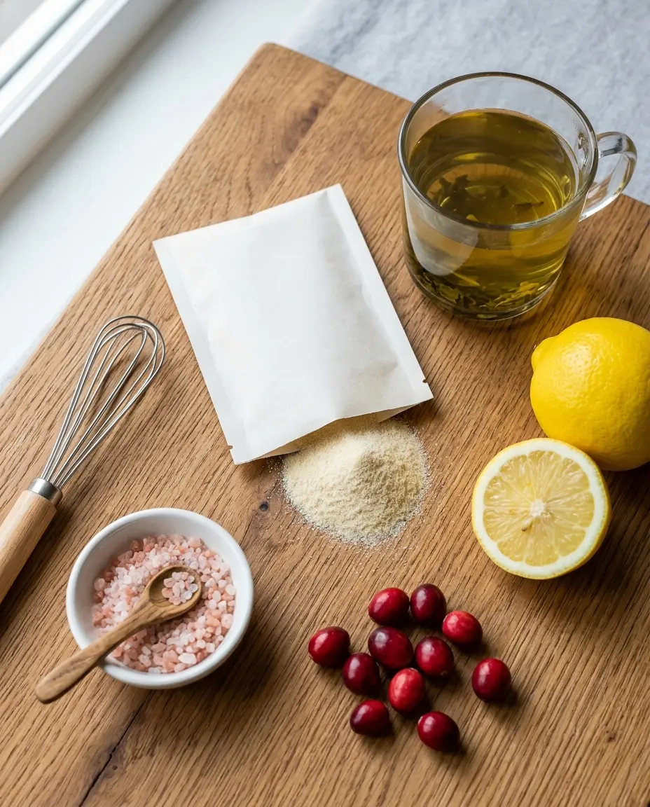 unflavored gelatin, lemon, and green tea ingredients for the gelatin trick recipe