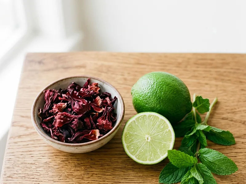 ingredients for hibiscus tea recipe - dried hibiscus flowers, lime, mint