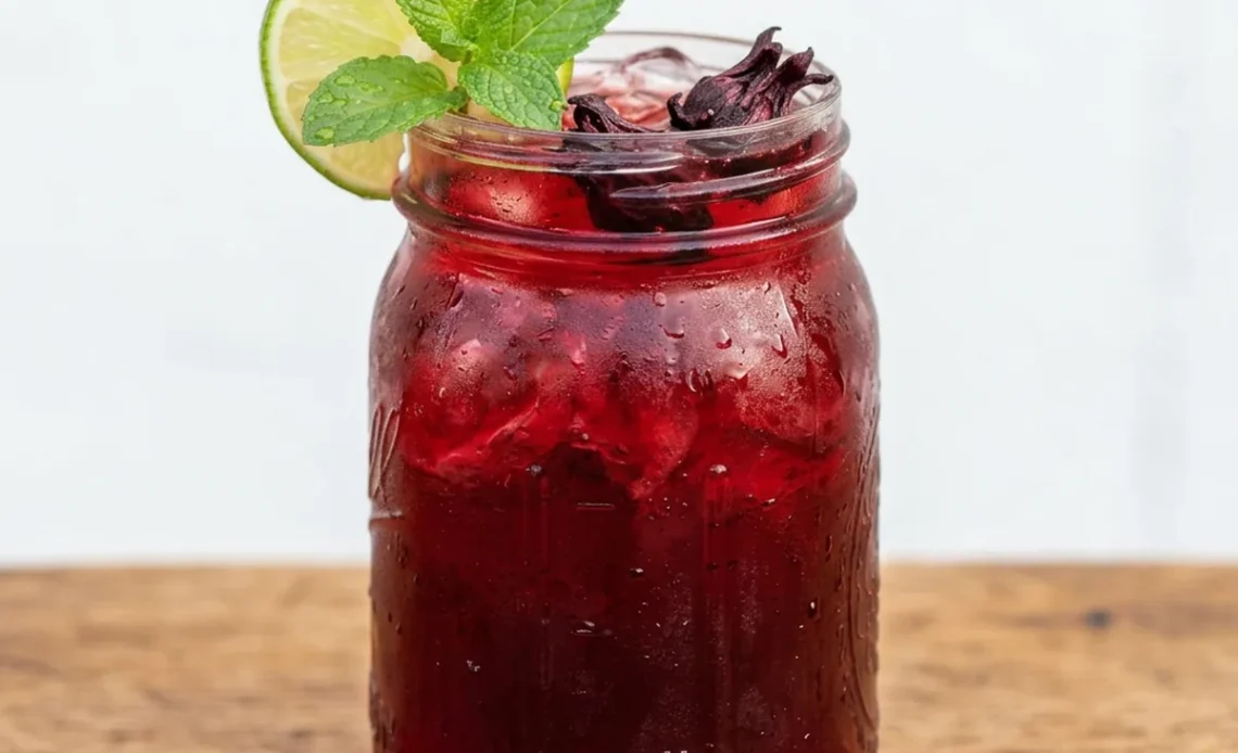 hibiscus tea recipe in a mason jar with lime and mint