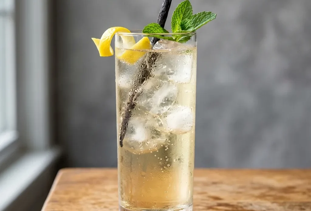 Homemade cream soda recipe served over ice with lemon twist and vanilla bean