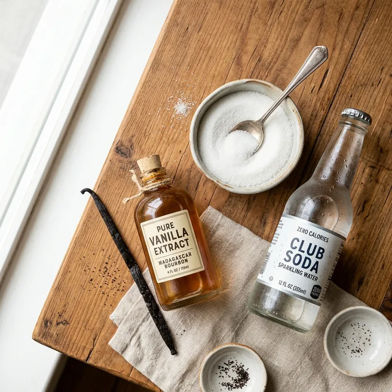 Ingredients for homemade cream soda: vanilla extract, vanilla bean, sugar, club soda