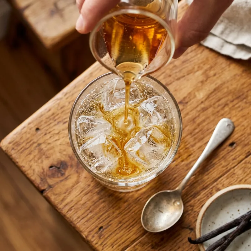 Pouring vanilla syrup into homemade cream soda over ice