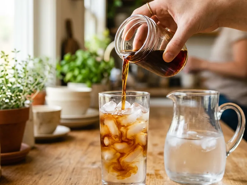 diluting homemade tea concentrate with water and ice into a glass