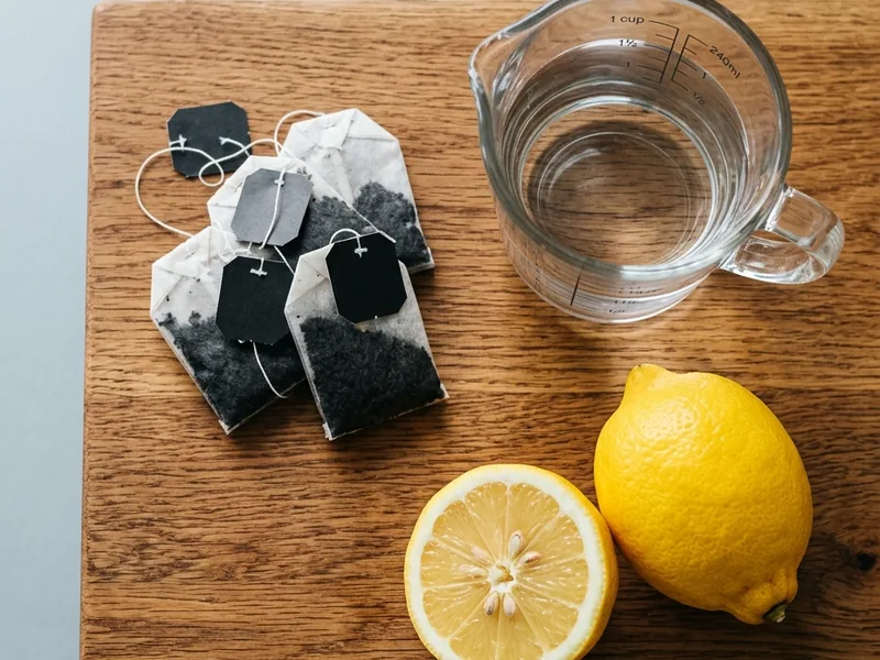 ingredients for homemade tea concentrate recipe - tea bags, water, lemon