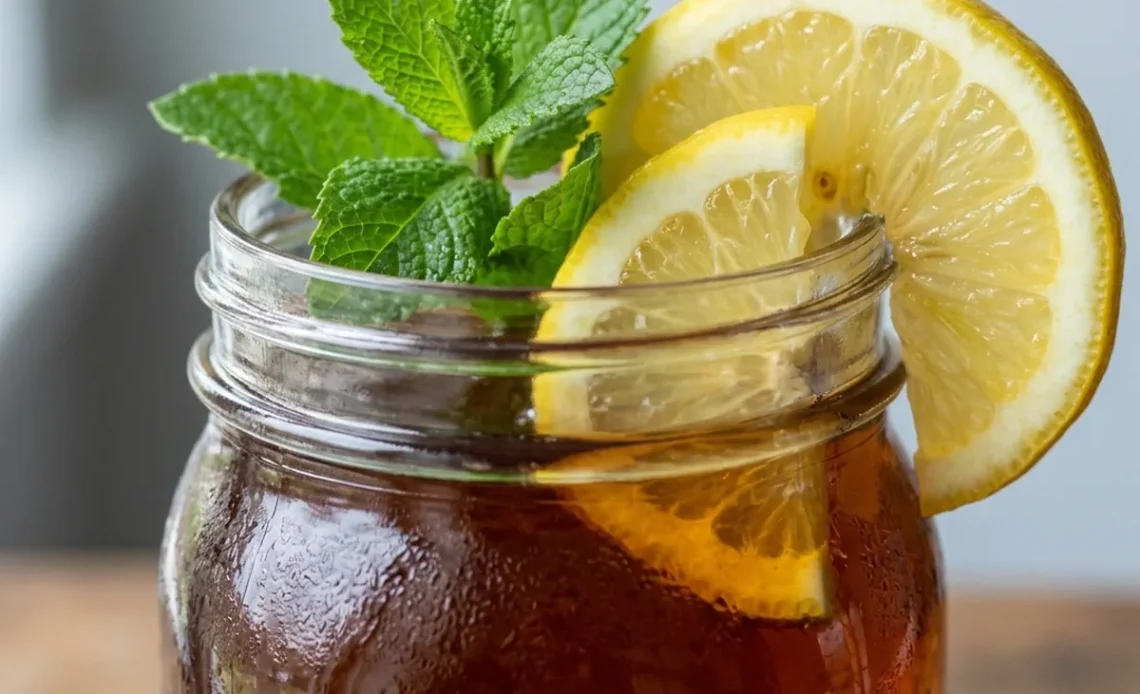 homemade tea concentrate recipe in a mason jar with lemon