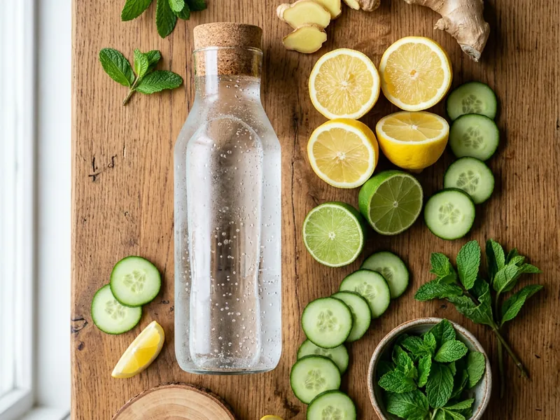 ingredients for low calorie mocktails -- sparkling water, citrus, mint, cucumber, ginger