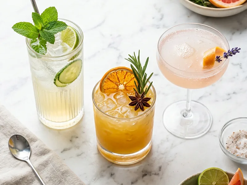 low calorie mocktails served in mixed glassware at a gathering