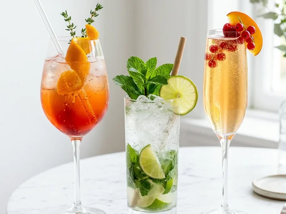 Sober curious mocktails: spritz, mojito, and bellini on a marble table